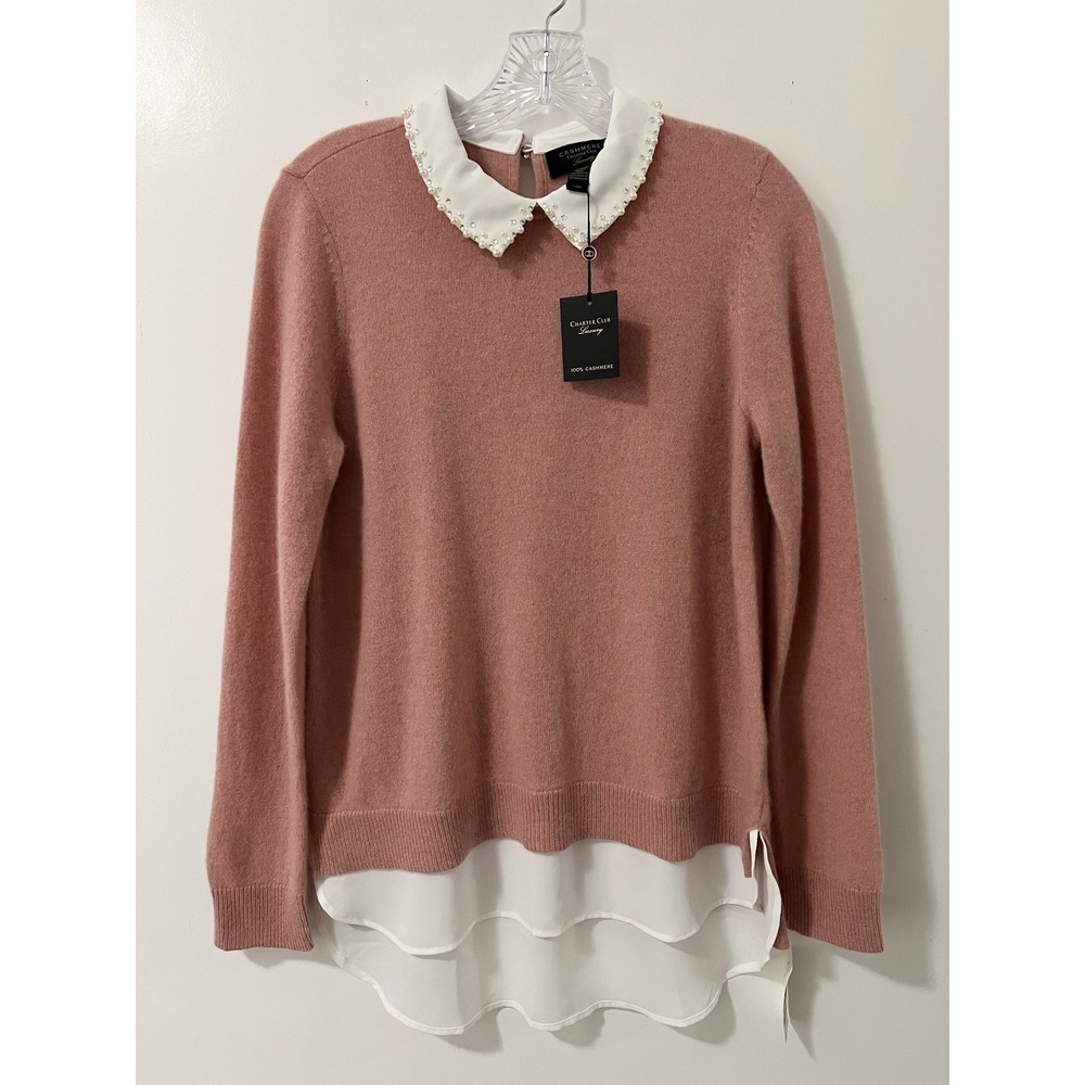 Charter Club Luxury Pink 100% Cashmere Embellished Collar Layered Sweater S NEW
